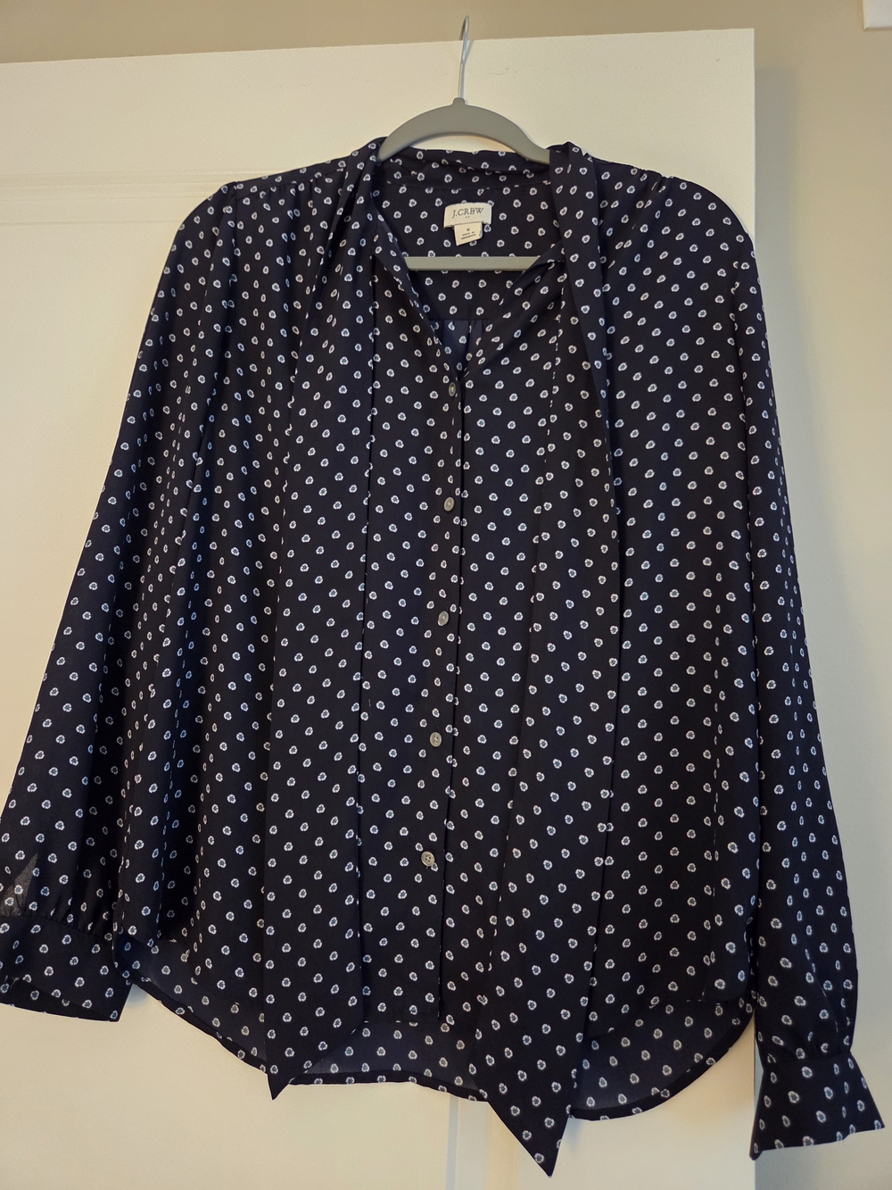 J. Crew Navy and White Dot Button-Front Tie-Neck Blouse